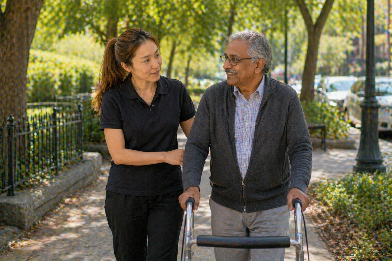 Support worker walking alongside elderly Indian man using a frame in a tree-lined park — community access and social inclusion Melbourne