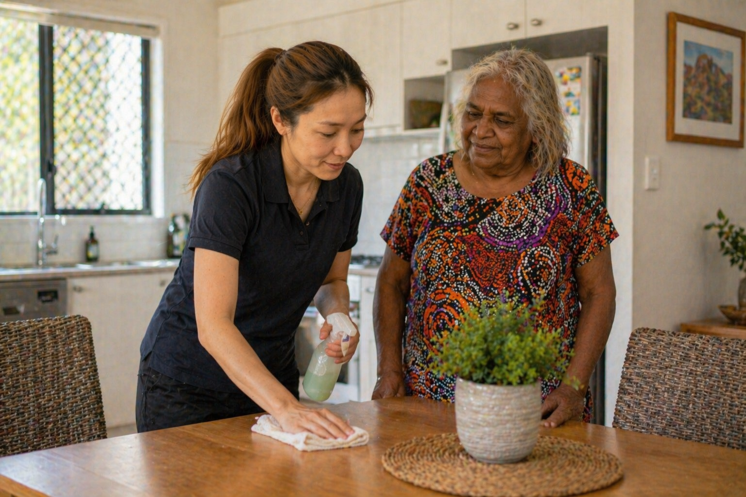 Support worker cleaning dining table for Indigenous elderly woman at home — domestic assistance and household help Melbourne