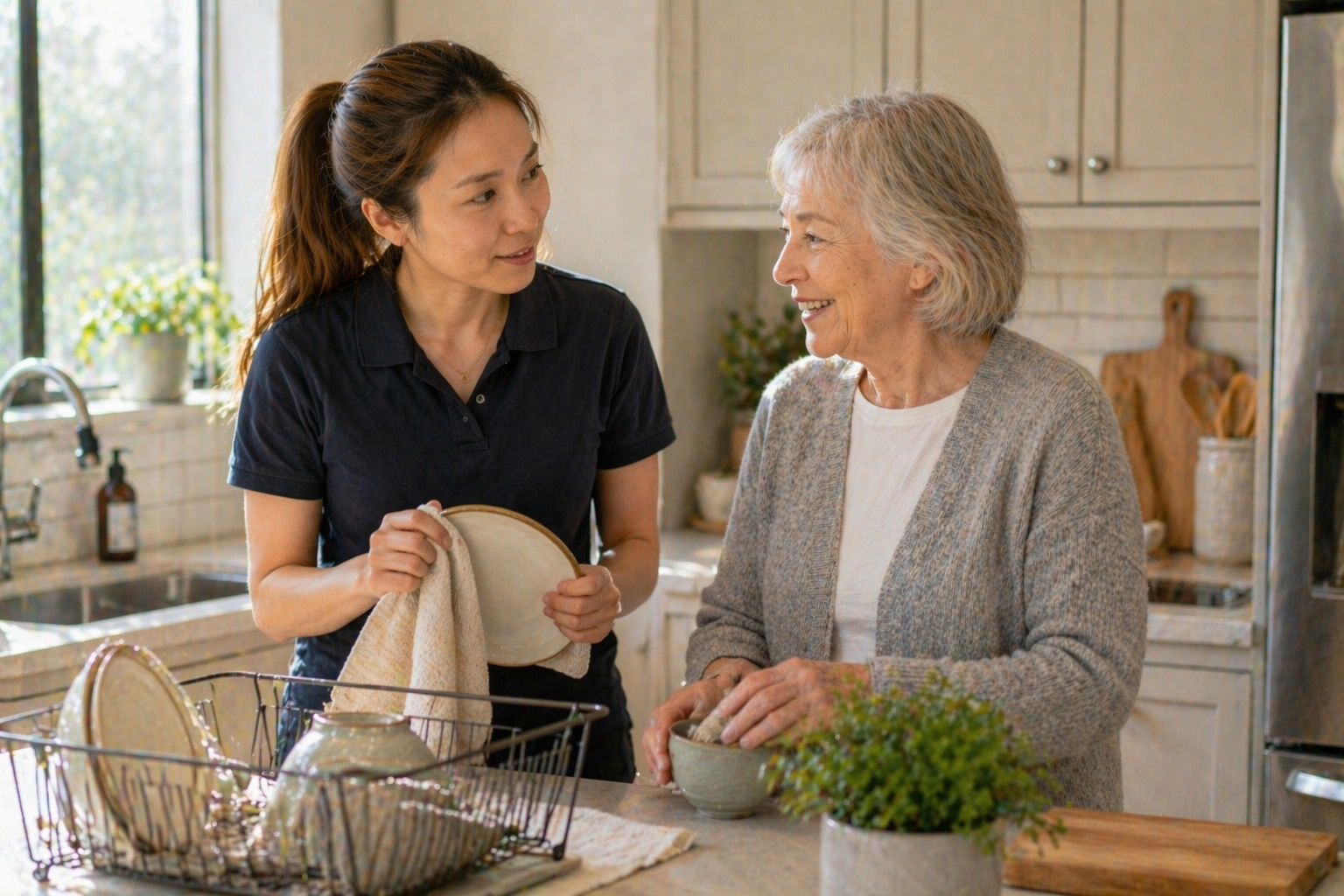 Support worker helping elderly woman with light housekeeping in the kitchen — home care Melbourne Eastern Suburbs