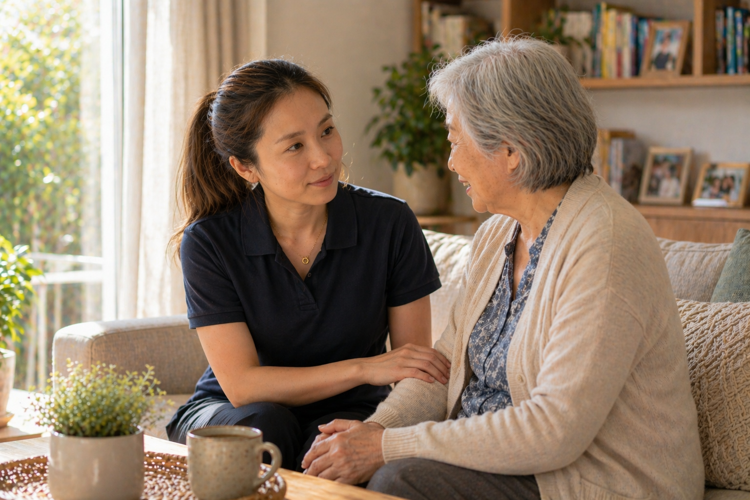 Support worker and elderly woman sharing a warm conversation in a home living room — Together We Support in-home care Melbourne